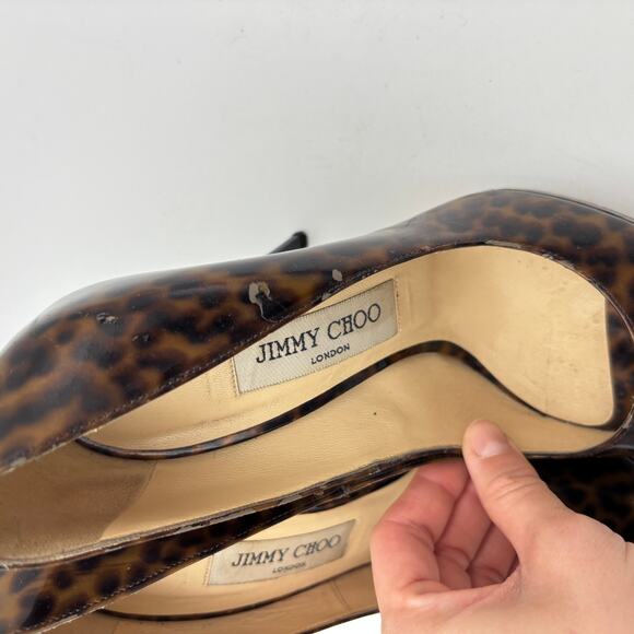 Jimmy Choo Cheetah Print Patent Leather Peep Toe Pumps Women's 37.5 - Picture 11 of 13